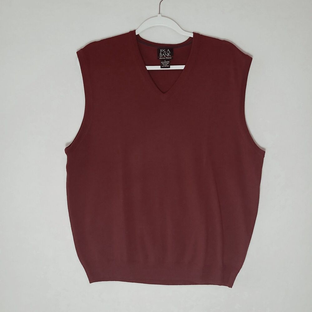 Jos A Bank Sweater Vest Men L Burgundy Merino Wool Knit Sleeveless Pullover 1170